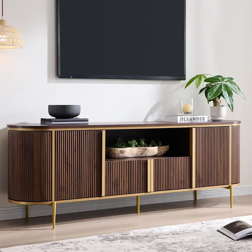 OKD Soporte de TV acanalado de 70 pulgadas con almacenamiento, centro de entretenimiento superior de mármol sintético para televisores de hasta 80