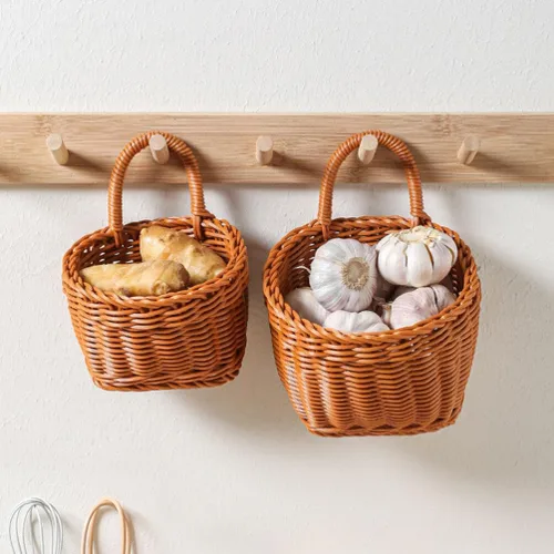 Miniatura 5 de ABOOFAN Cesta colgante de ratán, 2 piezas, tejida en la pared con ganchos, cesta de almacenamiento de frutas y verduras para utensilios de papa
