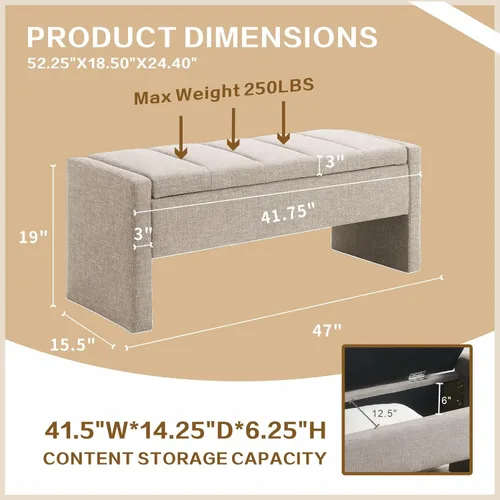 Miniatura 2 de Otomana de 47.25'' con almacenamiento, banco de almacenamiento al pie de la cama, banco de entrada - reposapiés multifuncional tapizado en lino