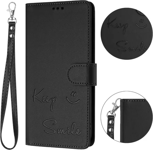Miniatura 5 de Flip Wallet Case for Motorola Moto E32 4G (Int'l), Keep Smile Embossed Leather Cover with Card Slots, RFID Blocking, Kickstand, Wrist Strap Black.