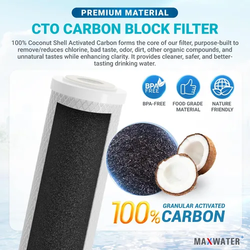 Miniatura 3 de Max Water CTO - Cartucho de filtro de repuesto de 5 micras, 10 x 2.5 pulgadas, bloque de carbono de cáscara de coco para sistema de filtración