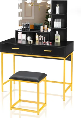 Miniatura 19 de VINGLI Tocador 3 en 1 con espejo deslizante iluminado LED y taburete acolchado sobre ruedas, pequeño tocador de maquillaje con 3 cajones y 2 Negro