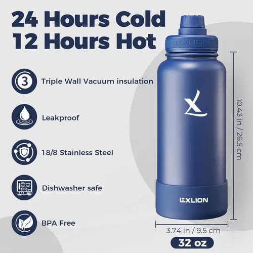 Miniatura 3 de Lexlion Botella de Agua con Infusor de Té 32 Oz – Termo de Acero Inoxidable con Triple Pared Aislada, Colador para Hojas Sueltas y Frutas, 3 Tapas a