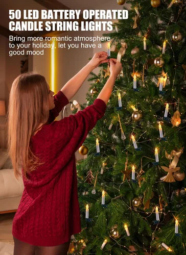Miniatura 5 de Luces de cadena de velas para árbol de Navidad enchufables, 50 luces LED de velas sin llama con clips, luces parpadeantes de velas de 48 pies