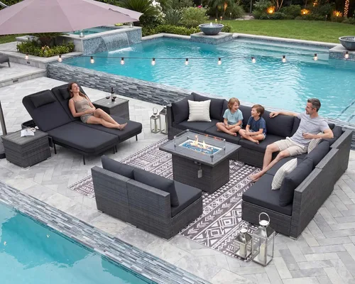 Miniatura 60 de NICESOUL Juego de muebles de patio para exteriores de 7 piezas con mesa para hoguera, gas natural y propano convertible, respaldo alto de 29.3