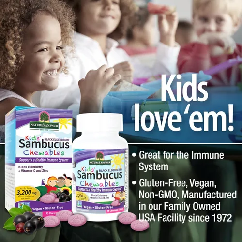 Miniatura 4 de Nature's Answer Kids Sambucus Chewables 3200 mg, 45 tabletas – Baya de saúco negro con vitamina C y zinc – Gran sabor de apoyo para el sistema