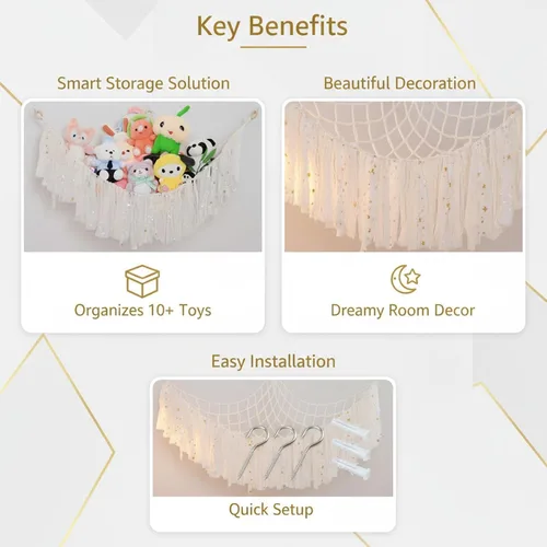 Miniatura 4 de Paquete de 2 unidades de almacenamiento de animales de peluche, red o hamaca con luz LED, hamaca de juguete de esquina para colgar, organizador