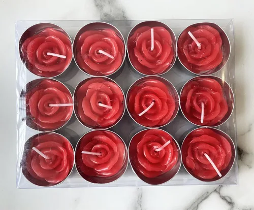 Miniatura 9 de Velas de té de rosa, 12 piezas hechas a mano delicadas velas de flores con 100 pétalos de rosa de seda, mini discos de vela para bodas, Rojo