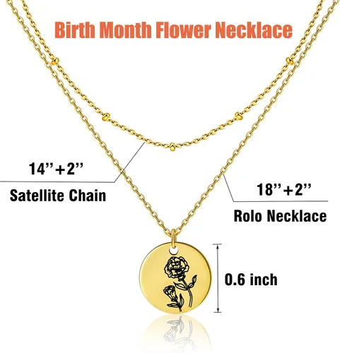 Miniatura 6 de Collar con colgante de flor del mes de nacimiento, chapado en oro de 18 quilates, delicado y sencillo mes de nacimiento, colgante de disco floral