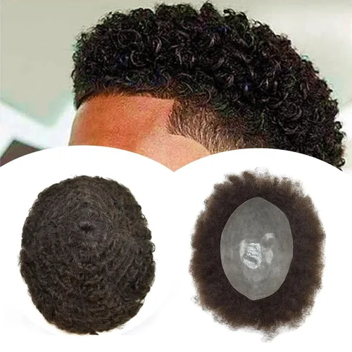 Miniatura 12 de Unidades de cabello afro para hombre, tupé, meave, afro tupé para hombre, sistema de reemplazo de cabello humano rizado, postizo de 0.787 in, 1#