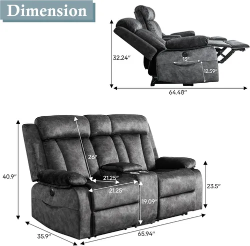 Miniatura 2 de GUEAPY Sofá reclinable de dos plazas - Sofá reclinable de dos plazas con consola, sofá reclinable doble con calor y masaje, sofá reclinable Gris