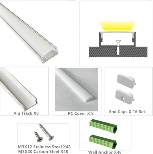 Miniatura 2 de THMOOTHER Difusor de canal LED en forma de U de 6.56 pies preperforado, paquete de 8 perfiles de aluminio con cubierta lechosa, montaje