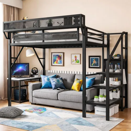 Miniatura 28 de Base de cama Queen Loft con escaleras y almacenamiento, marco de cama de metal resistente, capacidad de 800 libras, para adultos y adolescentes