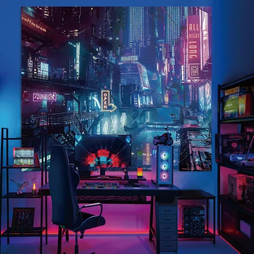 Miniatura 4 de Tapiz de Pared de Ciudad Anime Punk para Dormitorio, Tapices Japoneses Futuristas de Calle Nocturna de Neón Ciberpunk Estéticos, Fondo