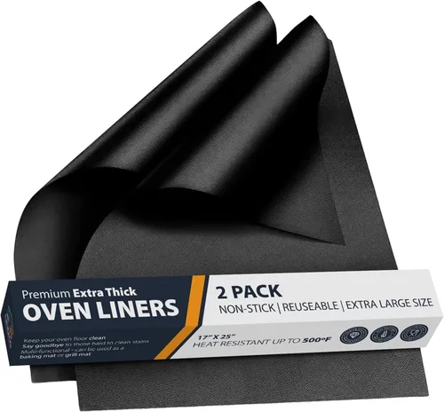 Revestimientos para horno para la parte inferior del horno - Paquete de 2 alfombrillas grandes y resistentes, 17 x 25 pulgadas, antiadherentes, Negro