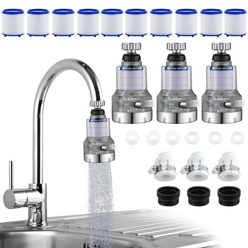Miniatura 8 de Paquete de 3 filtros de agua para grifo del fregadero, purificador de agua montado en grifo giratorio 360° con 15 cartuchos de filtro, elimina