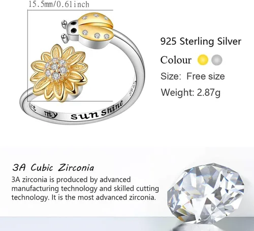 Miniatura 4 de VIFE Anillos de plata esterlina S925 para ansiedad para mujer, anillo abierto ajustable, circonita cúbica 3A, abejagirasol You are My Sunshine