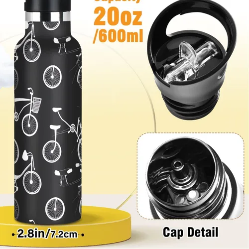 Miniatura 2 de Kids Water Bottle with Straw for School Leakproof Sports Water Bottle for Boys Girls 20oz, BPA-Free, Bicycles Black White