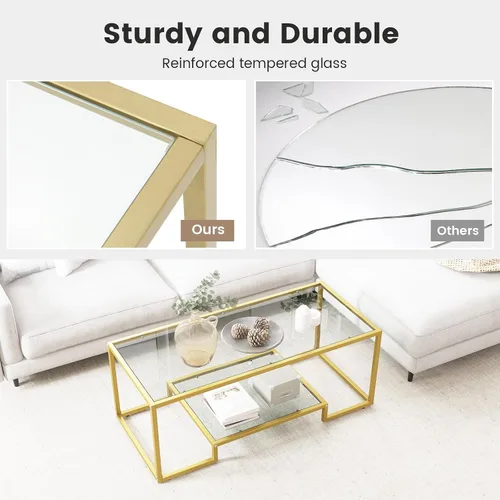 Miniatura 5 de NAFORT Mesa de centro de cristal templado, mesa central moderna rectangular dorada de 45 pulgadas con estante de almacenamiento inferior
