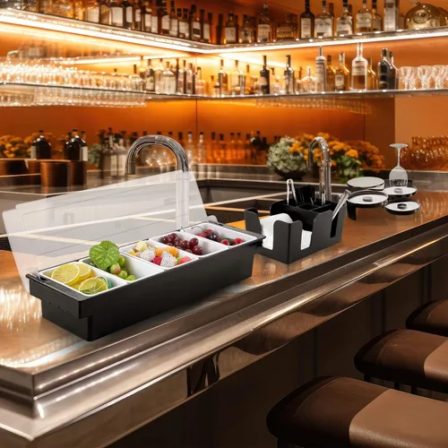 Miniatura 7 de Mifoci Suministros de Bartending Bandeja de Guarnición con Tapa Caddy de Bar Rimador de Vidrio de 3 Niveles 12 Vertedores de Botellas de Acero