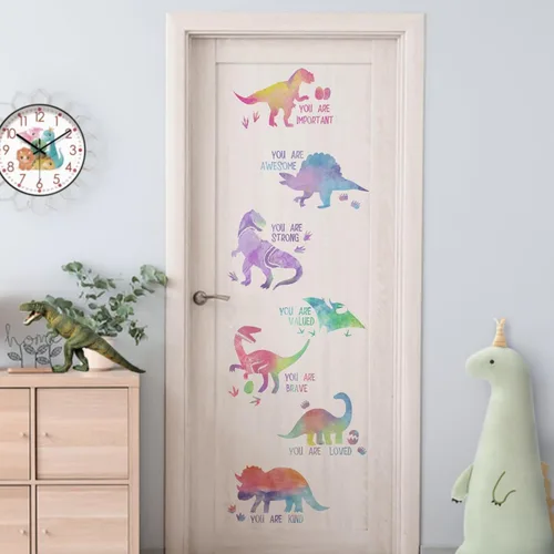 Miniatura 5 de Yovkky Calcomanías inspiradoras de pared de dinosaurio degradado pastel, con cita motivacional de dinosaurio, decoración neutra para guardería