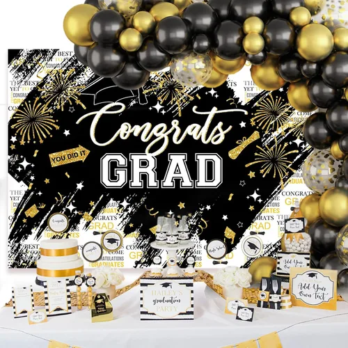 Miniatura 2 de Mocsicka Telón de fondo de graduación de 7 x 5 pies – Congrats Grad Black Gold 2026 decoraciones de fiesta de graduación, fondos de fotografía