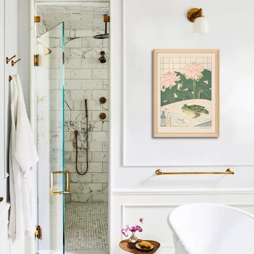 Miniatura 7 de Juego de 2 lienzos japoneses enmarcados para pared de baño con gatos y ranas, marco de madera, impresiones abstractas de naturaleza para decoración