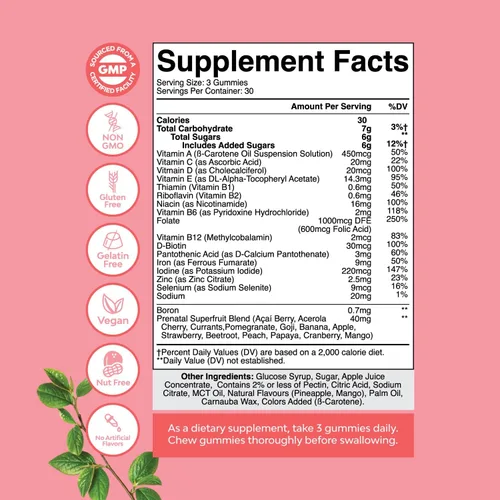 Miniatura 8 de Natures Craft Gomitas prenatales veganas para mujer, vitaminas prenatales gomosas para mujeres con ácido fólico de hierro y mezcla de superfrutas