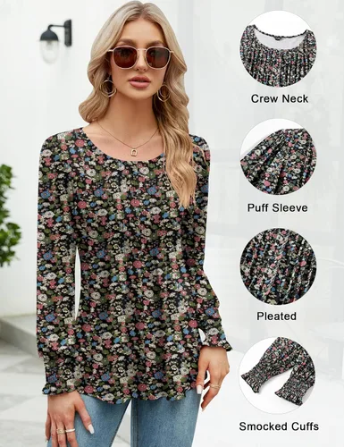 Miniatura 2 de LOMON Blusa de manga larga y corta para mujer, plisada, cuello redondo, estilo casual, holgada, para otoño