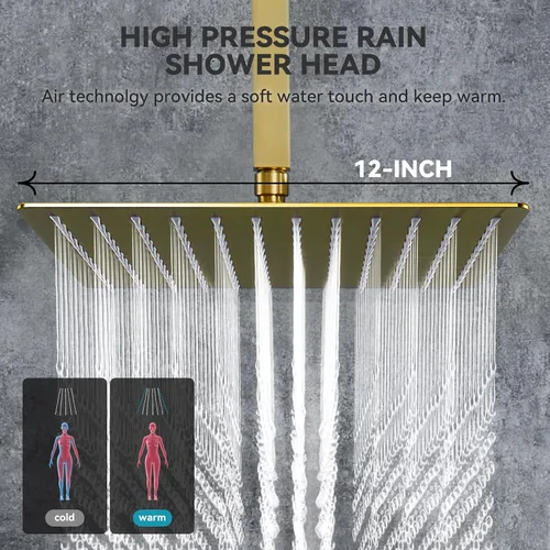 Miniatura 28 de Sistema de ducha de lluvia con juego completo de 6 piezas de chorros de cuerpo y válvula de presión de montaje empotrado, cabezal de lluvia de 12