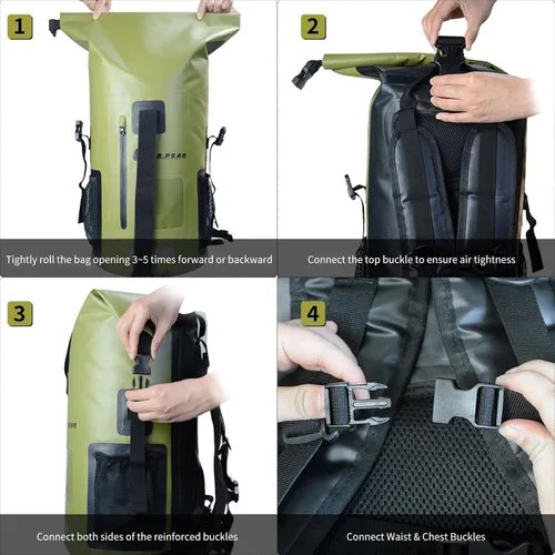 Miniatura 6 de Mochila impermeable IPX6, bolsa con cierre enrollable y accesorios de kayak, esenciales para camping, natación, playa, pesca, rafting, viajes, Verde