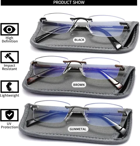 Miniatura 2 de Paquete de 3 lentes de lectura para hombre, bloqueo de luz azul, lectores de anteojos ligeros de metal sin montura para hombre, antifatiga ocular