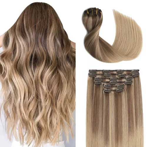 Miniatura 14 de Sindra Extensiones de cabello humano con clip, balayage 3/8/22 de color marrón oscuro a marrón ceniza y rubio dorado, extensiones de cabello humano