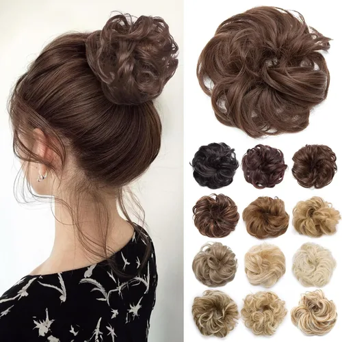 Miniatura 14 de Benehair Moño desordenado, pieza de pelo recogido para mujer, esponjoso, ondulado, moño con dona, moño sintético con banda elástica de goma
