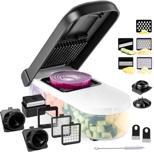 Miniatura 10 de LHS Picador multifuncional de alimentos, cebolla, cortador de verduras, cortador de papas, picador de verduras con recipiente (4 en 1, negro)