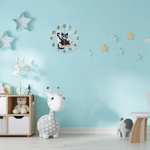 Miniatura 4 de XNM Reloj de Pared Analógico de Vidrio Operado por Batería 12 Pulgadas Redondo de Cuarzo Reloj de Gato Negro para Cocina Reloj de Pared Silencioso