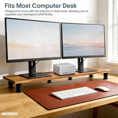 Miniatura 3 de Nordik - Elevador grande de doble monitor para 2 – 42.5 pulgadas de madera dura de acacia hecha a mano – Estante de madera organizador de escritorio