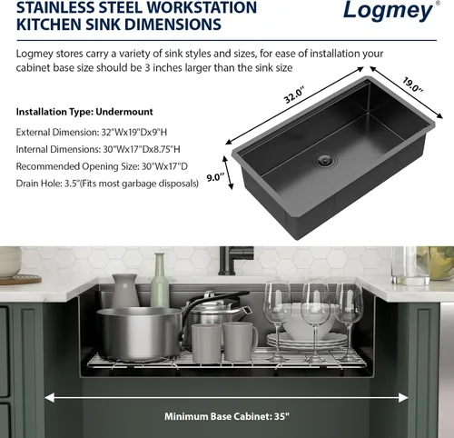 Miniatura 7 de Fregadero de cocina negro de 32 - Logmey Fregadero de cocina de 32x19 pulgadas, negro metalizado, instalación por debajo de la encimera, estación