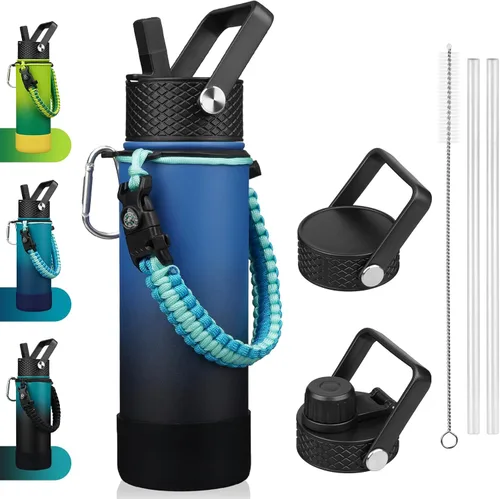 Miniatura 36 de BJPKPK - Botella de agua con tapa de popote, botellas de agua aisladas de 18 onzas con 3 tapas, asa de cuerda de paracaídas y base antideslizante
