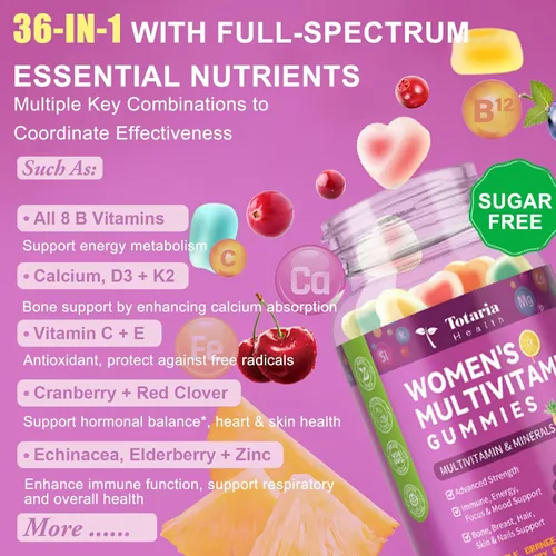 Miniatura 4 de Totaria Gomitas multivitamínicas sin azúcar para mujer con hierro, multivitamínico para mujer con vitaminas C, D3 K2, B12, B6, gomitas rellenas