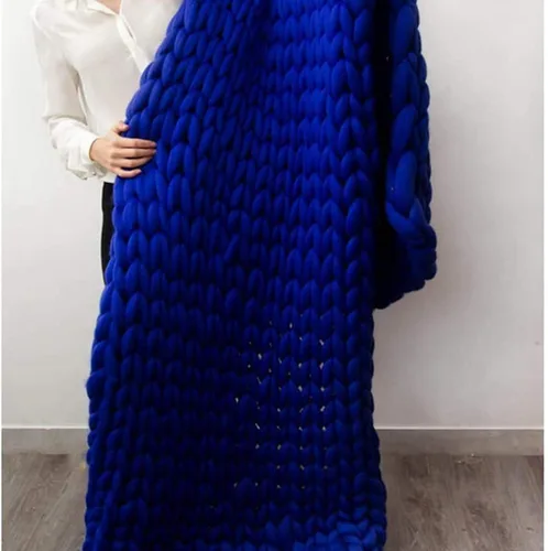 Manta de punto gruesa de color azul profundo, manta de punto grueso para cama por suave tejido elegante y acogedora manta para cama sofá decoración