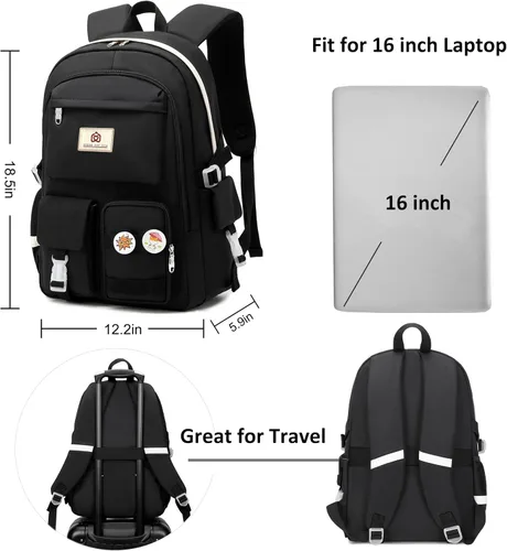Miniatura 6 de Hidds Mochilas para laptop de 15.6 pulgadas, mochila escolar universitaria para niñas y mujeres, bonita bolsa de libros para escuela primaria Negro