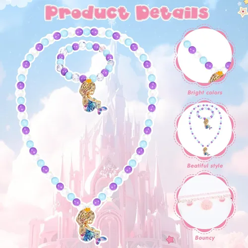 Miniatura 10 de Sumind 6 juegos de joyas para niñas pequeñas, collar de cuentas y pulsera para disfraz, joyas, regalos de princesa para fiestas (estilo mágico)