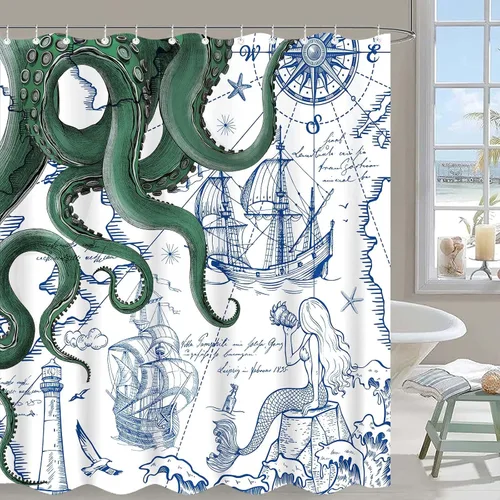Miniatura 18 de Fungarth Cortina de ducha de pulpo náutico azul, sirena azul marino, divertida cortina de ducha estilo kraken del océano para baño, ancla fresca