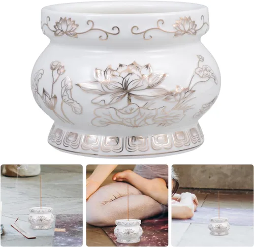 Miniatura 3 de HANABASS Quemador de incienso de cerámica con alivio de flor de loto de 3.7 pulgadas, soporte de incienso blanco y dorado para el hogar, meditación