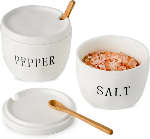 Juego de 2 cuencos de sal y pimienta, recipientes de cerámica para sal y pimienta con tapa y cuchara, juego de soporte de sal y pimienta blanca,
