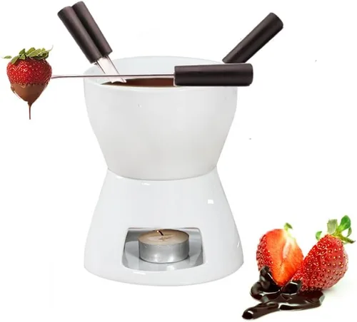 Juego de ollas de fondue con 4 tenedores de cerámica calentador de mantequilla, juego de té de alta calidad, olla de fusión de porcelana para