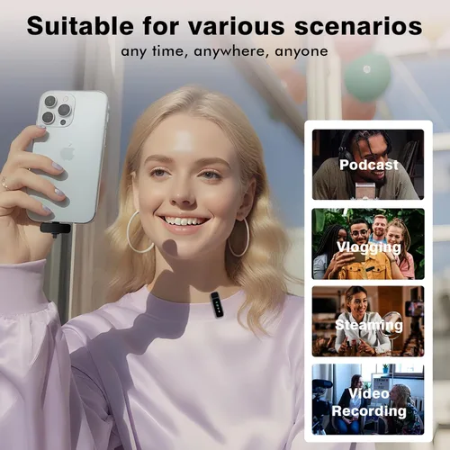 Miniatura 7 de Micrófono Lavalier inalámbrico para iPhone/Android - Mini micrófono dual con cancelación de ruido con funda de carga (30H), micrófono de clip