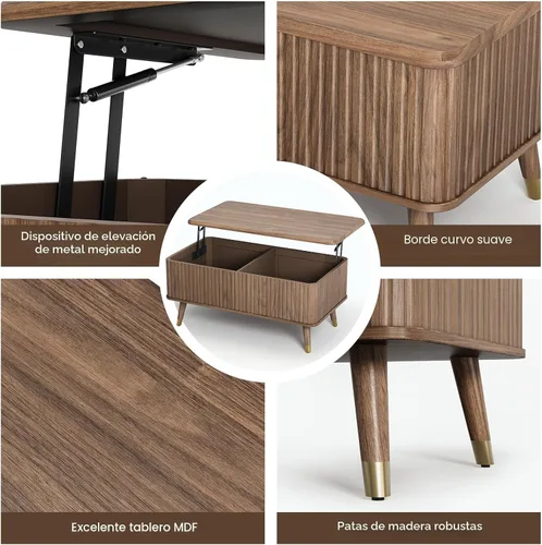 Miniatura 4 de JOINICE - Mesa auxiliar rectangular con tapa elevable para sala de estar u oficina en casa, con almacenamiento, diseño acanalado, estilo moderno