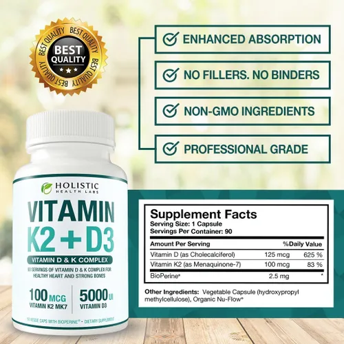 Miniatura 6 de Vitamina K2 + D3 de absorción máxima (5000UI), 90 cápsulas vegetales de MK-7 (Menaquinona-7) y colecalciferol (con BioPerina) Suministro de 3 meses